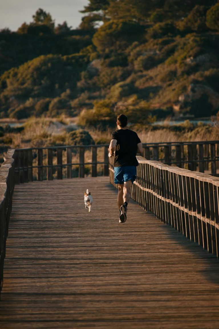 A man jogs on a scenic boardwalk in nature, accompanied by a small dog, capturing a moment of outdoor fitness.