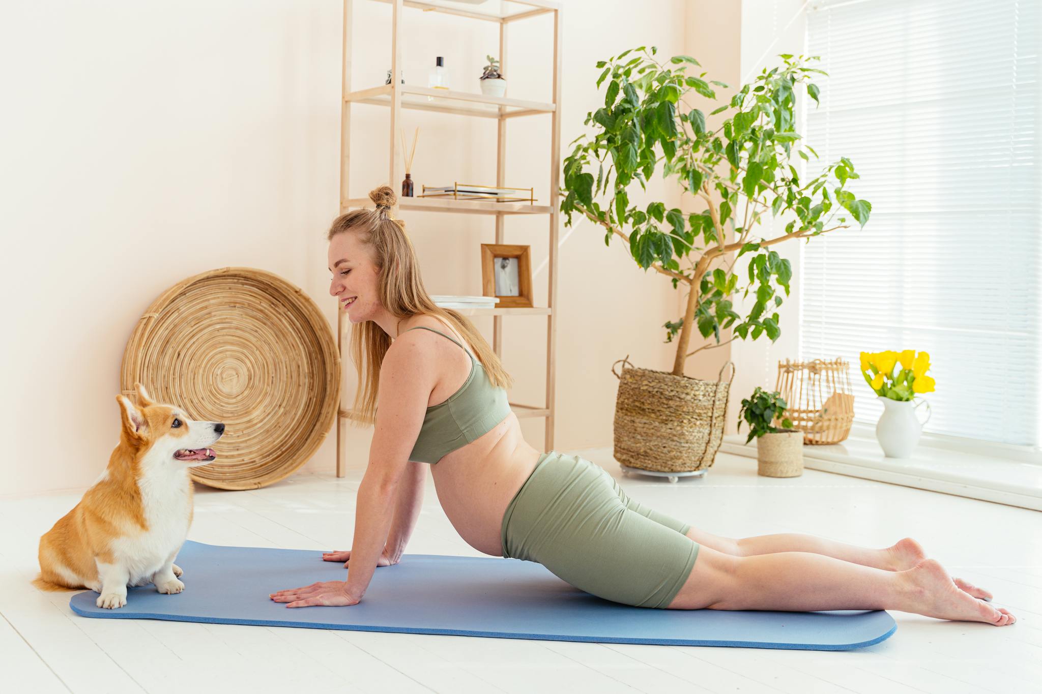 A woman performing yoga indoors with her pet Corgi, promoting health and relaxation.