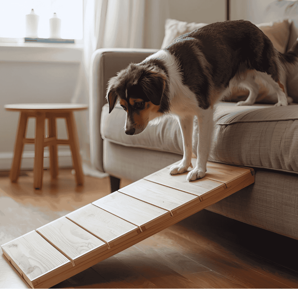 dog getting off sofa via ramp